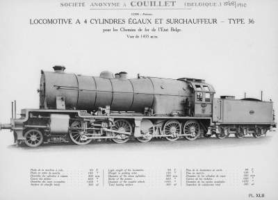 <b>Locomotive à 4 cylindres égaux et surchauffeur, Type 36</b><br>pour les Chemins de fer de l'Etat Belge<br>Voie de 1435 m/m